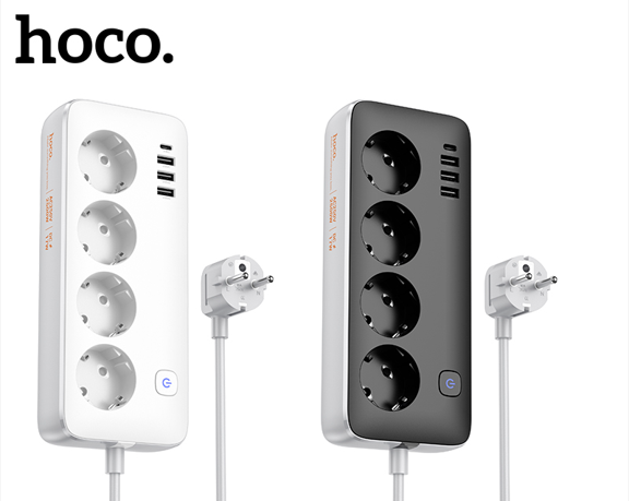 HOCO AC21 – Multifunkcionalni Sigurnosni Produžni Kabl (4 utičnice + 3 USB-A + 1 USB-C)