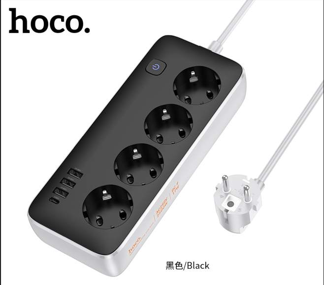 HOCO AC21 – Multifunkcionalni Sigurnosni Produžni Kabl (4 utičnice + 3 USB-A + 1 USB-C)