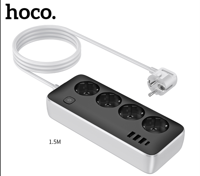 HOCO AC21 – Multifunkcionalni Sigurnosni Produžni Kabl (4 utičnice + 3 USB-A + 1 USB-C)