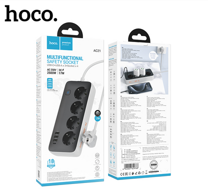 HOCO AC21 – Multifunkcionalni Sigurnosni Produžni Kabl (4 utičnice + 3 USB-A + 1 USB-C)