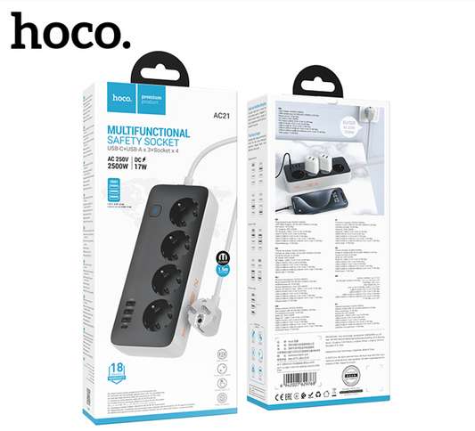 HOCO AC21 – Multifunkcionalni Sigurnosni Produžni Kabl (4 utičnice + 3 USB-A + 1 USB-C)